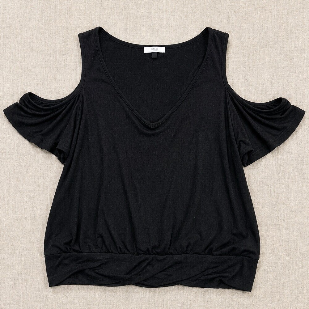HALO Blouse Womens Small Black Cold Shoulder V-Neck Flutter Sleeve Top